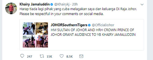 凱里在推特轉發“柔佛南方之虎”的帖子時，促請大家別挑撥他與柔州王室的關係。