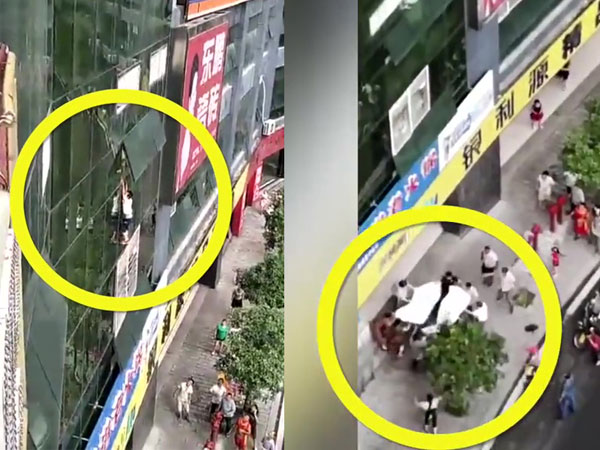 男童雙手抓住窗邊,身體懸掛半空(左),墮下時將床單砸穿(右)。圖/互聯網