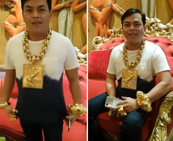 越南一名男子不嫌重，每天都要過著炫富的生活，身上天天戴著13公斤重的黃金趴趴走，引來當地網絡鄉民熱議。