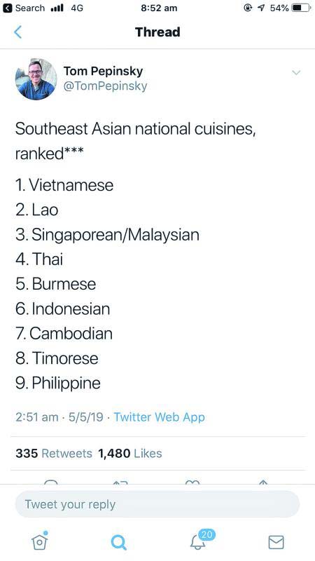 美国籍教授在推特上公布了心目中的东南亚美食排行榜。（取自推特）
