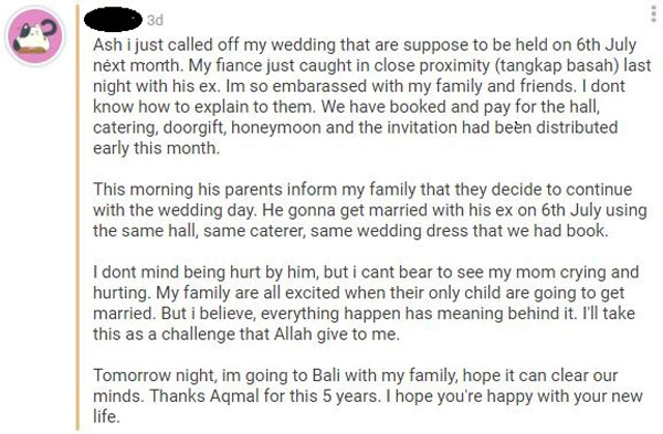 一名女網友在社交媒體講述自身和未婚夫婚禮取消的事件。（截自網民Ashraf的curiouscat.me）