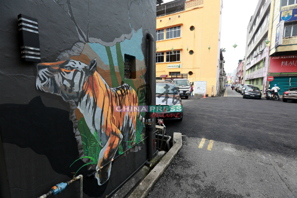 转角有老虎！位于大专药剂店后的壁画，是一只老虎破墙而出 