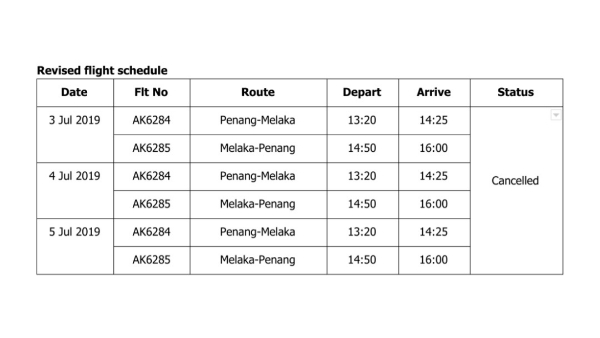 亚航在官网宣布往返马六甲-槟城的航班取消3天。（取自亚航官网）