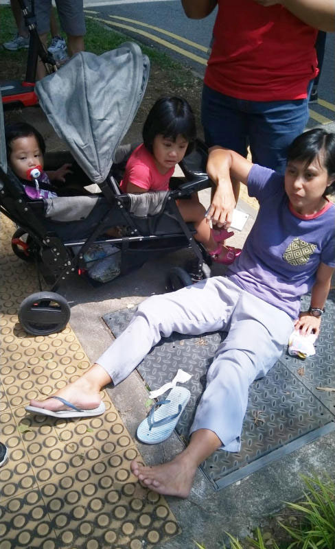 车祸发生后努尔丽莎当场倒地，两幼童也也大受惊吓。（受访者提供）