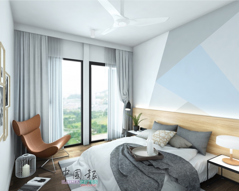 卧室采用白色床品配搭浅木色床头设计，充满天然质感的木质地板，使空间保持简洁的观感，落地玻璃窗让自然光成为卧室里的最佳装饰品。