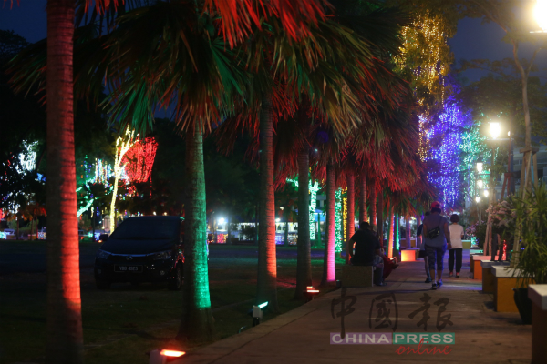 香料公园走道旁的每棵棕榈树，也特意安装灯光照耀，绽放光彩。