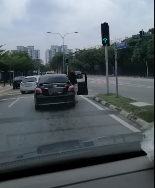 路霸在红绿灯处下车，试图逼停女司机。
