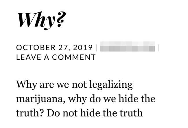 吴立恩在案发当天贴文道：“为什么我们不能让大麻合法化？为什么要隐瞒事实？不要隐瞒真相。”（取自互联网）