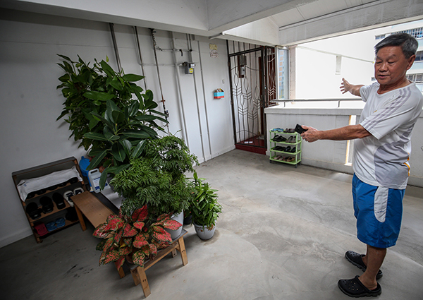 黄岳深申诉过去五年频频被女邻居骚扰，对方将他在种在走廊的盆栽踢翻、搬走、砸烂和剪光。