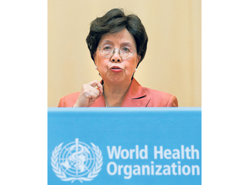 陳馮富珍星期一在日內瓦召開的世界衛生大會上發表講話。（路透社） 