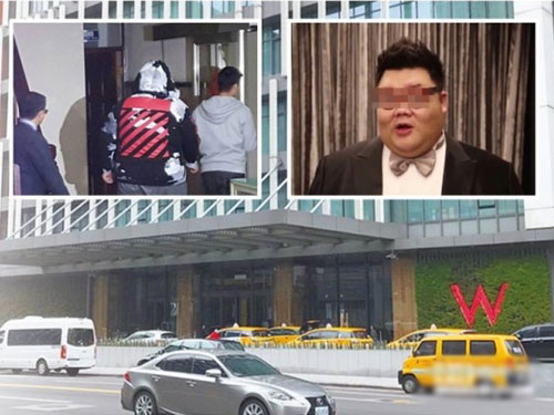 朱男（小圖）被揭發是訂房者，他昨晚在律師陪同下，前往警局接受調查。(互聯網)