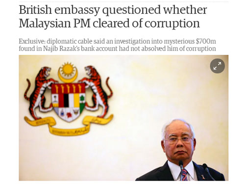 《衛報》在線新聞揭露英國駐馬最高專員署，質疑納吉是否已清除貪污指控。