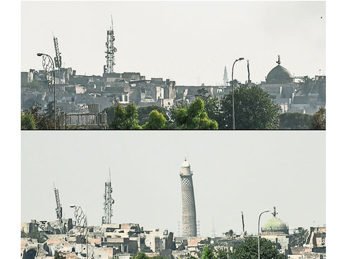  摩蘇爾努爾大清真寺及其旁著名的斜塔（下）。但週三晚遭嚴重炸毀后，45公尺高的斜塔消失了（上）。（法新社）