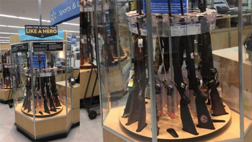  沃爾瑪印第安納州埃文斯維爾分店槍櫃上的標語，竟寫上“像英雄般擁有新學年”。圖：互聯網  