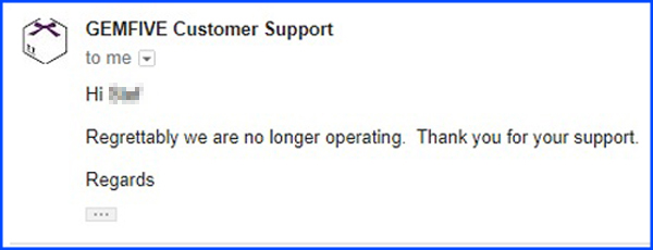GEMFIVE客服回應說，該線上購物平台已暫停營運。