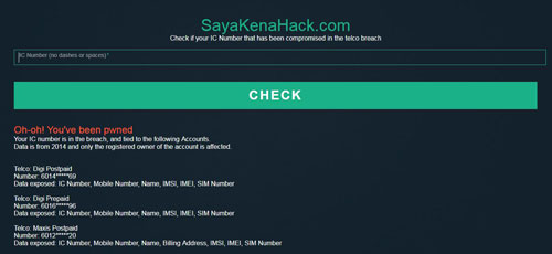  據說只要輸入大馬卡號碼，就能知道個人資料是否遭盜用註冊新的手機號碼的網站SayaKenaHack.com，已被大馬通訊及多媒體委員會封鎖。