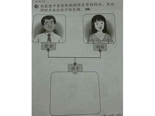 小學2018年度二年級科學課本,其一部分要求學生預測畫出孩子像爸爸或媽媽的長相。