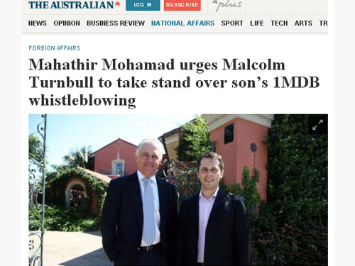 馬哈迪接受《澳洲人報》訪問時，促請澳洲總理特恩布爾向納吉挑起1MDB課題。
