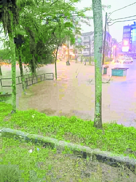 戏院街前的峇鲁路也淹水，但不比华隆新村严重。