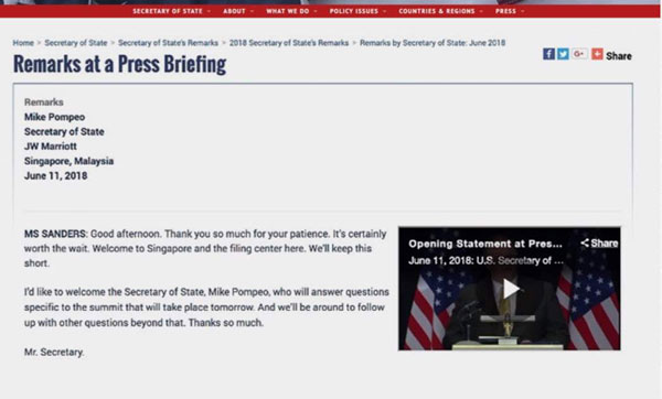  美國國務院網站擺烏龍，在列出新加坡的萬豪酒店地址時，顯示新加坡屬於馬來西亞。（圖取自ASTRO ARWANI）