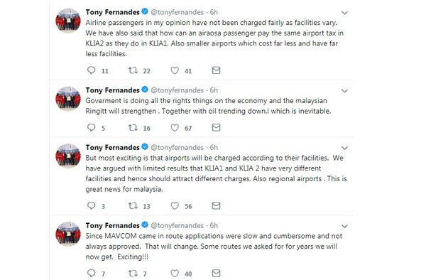 東尼費南德斯通過個人推特推文，讚揚陸兆福指示馬來西亞航空委員會，檢討向乘客徵收乘客服務費的措施。