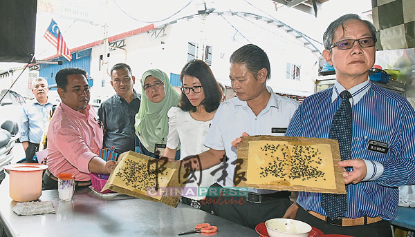 李文材（右起）、郑森浩、林秀凌及哈丝琳达等，拿着布满密密麻麻苍蝇的贴纸。