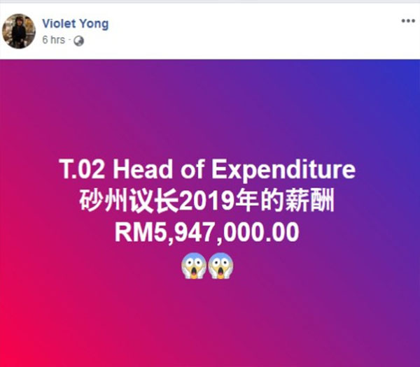 杨薇讳质疑砂州正副议长两人的2019年度薪酬，竟然高达594万7000令吉？