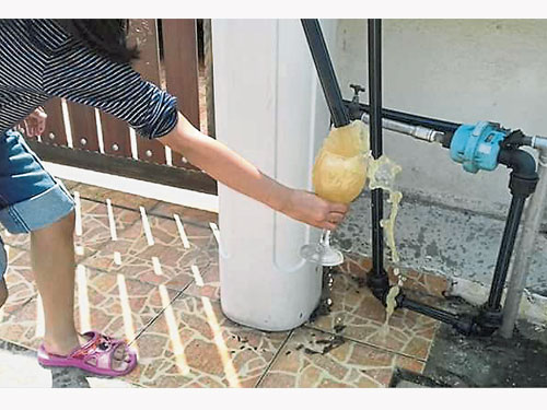 阿都拉萨在家中进行实验，发现滤水器内的自来水像黄泥水，并不能直接饮用。