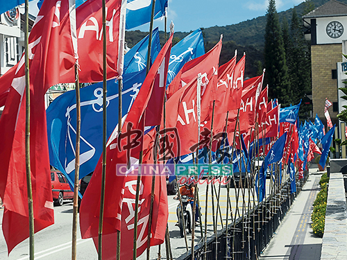 希盟选在人多热闹的市区张挂旗帜，形成一片红色旗海，与国阵的蓝色旗海抗衡。