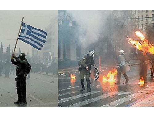 希腊首都雅典周日有数万人示威，示威者向防暴警丢掷燃烧弹。