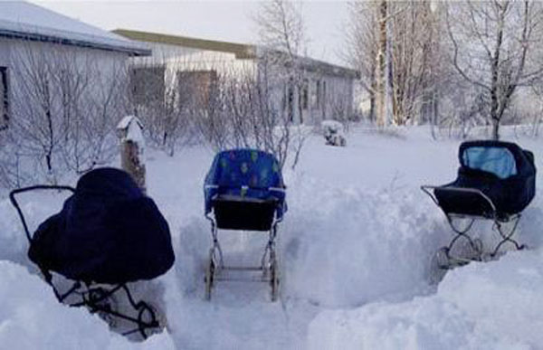 到了午觉时间，四处可见婴儿车排在雪地里