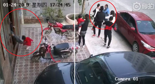 中国社交媒体上近期流传一段画面，显示一名男子在离开一栋建筑物时，疑似不满女童挡路，居然抬脚就踹，随即引来女童家人围殴，让网友看了都大呼活该。