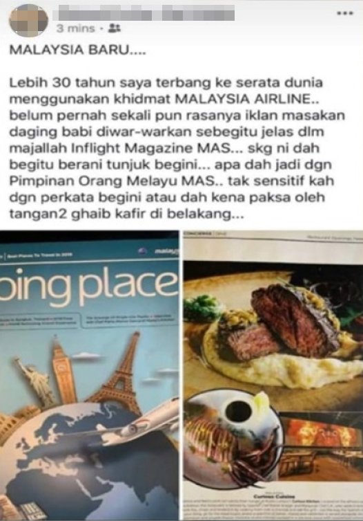 一名用户在面子书贴文，炮轰马航不懂本土民情，公然在机内杂志刊登“猪肉”照片。（图取自马来西亚前锋报）