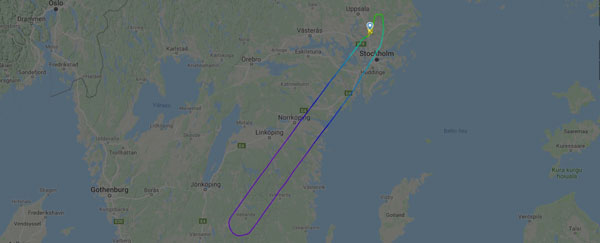 航班追踪网站“Flightradar”显示，客机从瑞典斯德哥尔摩机场起飞后，中途折返。