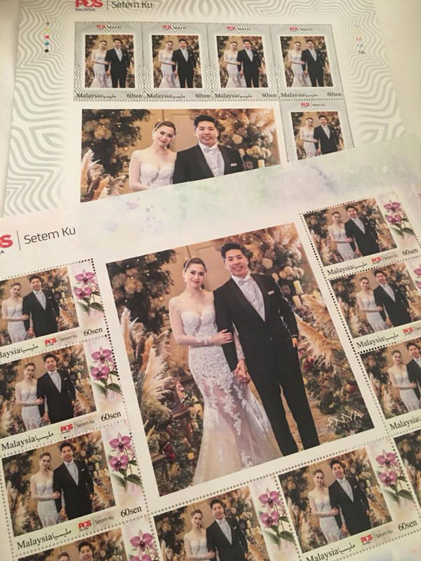 王淑君获老公送上婚纱照制成的纪念邮票。
