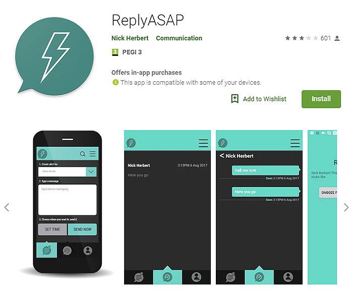 赫伯特建立的手机应用程式“ReplyASAP”。