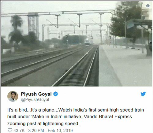 印度铁道部长戈亚尔9日在推特上发布一段印度高铁飞驰而过的视频。（观察者网）