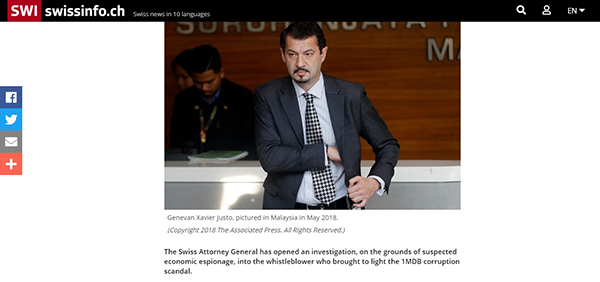 “瑞士资讯”网站报导，瑞士总检察署已证实，该署援引当地的刑事法典第273条文，即涉嫌商业间谍罪名调查朱斯托。