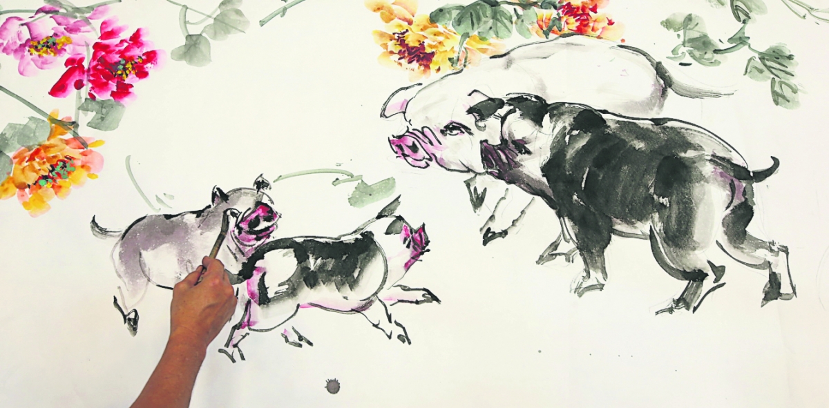 猪类题材一般难入画，郭温和老师画的猪，憨态可掬，与牡丹花结合起来表现，特别生动。