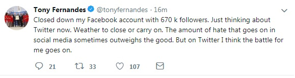东尼费南德斯基于社交媒体，有时候散播仇恨超过善意，因此宣布关闭面子书专页。