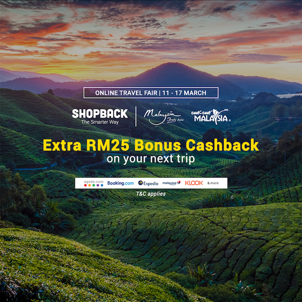 凡在ShopBack线上旅游展销会订购大马旅游产品，可额外获得25令吉现金回馈。
