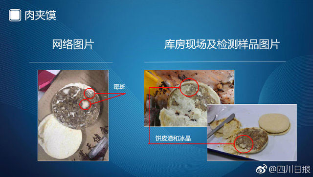 成都官员说，肉夹馍表面白色部分为饼皮渣和冰晶，不是发霉。