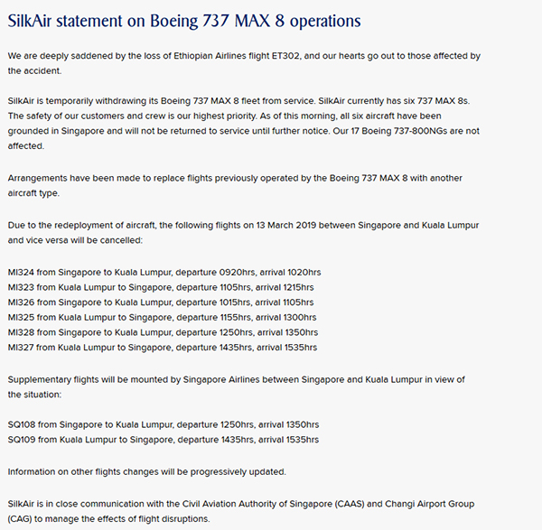 胜安航空已在昨早暂停6架737 MAX 8客机在新加坡起降，直到另行通知为止，其余17架737-800NG型号客机不受影响。（《联合早报》）