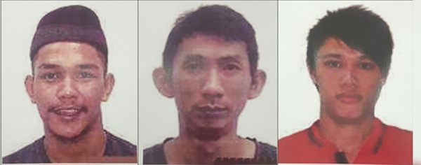 受警方通缉的3名男子照片。右起张英祥、赖金龙及莫哈末可阿法。（人名皆译音。）
