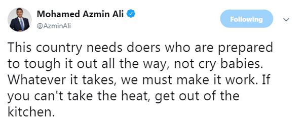 阿兹敏阿里指我国不需要软弱爱哭者。（截图取自阿兹敏阿里推特）