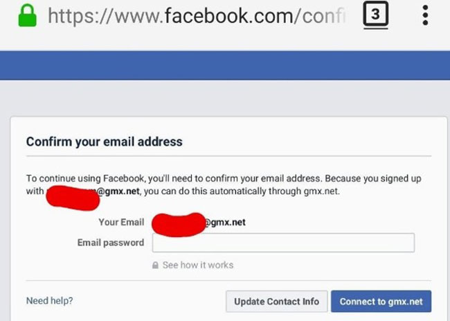 面子书向新用户索取电邮密码。