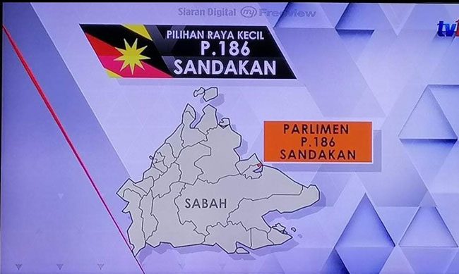 TV1在报导山打根补选时，误植砂拉越州旗。（图取自杨德利推特）