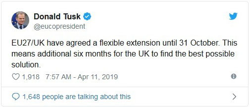 欧洲理事会主席图斯克发推文宣布英国脱欧的新期限。