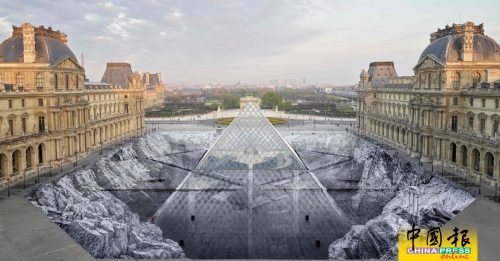 喜迎30周年  罗浮宫透明金字塔  变身巨大陨石坑