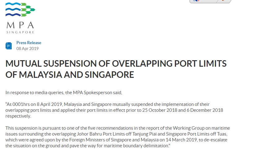新加坡海事及港务管理局指马新暂停实施两国海域界限重叠措施。